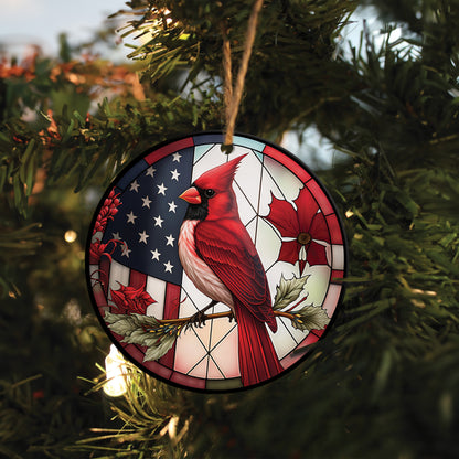 Teesdily | Cardinal Bird American Flag Ceramic Ornament, Cardinal Bird Red Design Acrylic Ornament Christmas Decoration, Church Religious Jesus Lovers Gifts