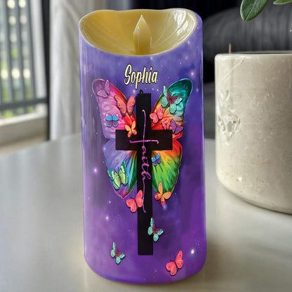 Teesdily | Customized Jesus Cross Butterfly LED Candle, I Can Do All Things Through Christ LED Candle, Religious Christmas Gift