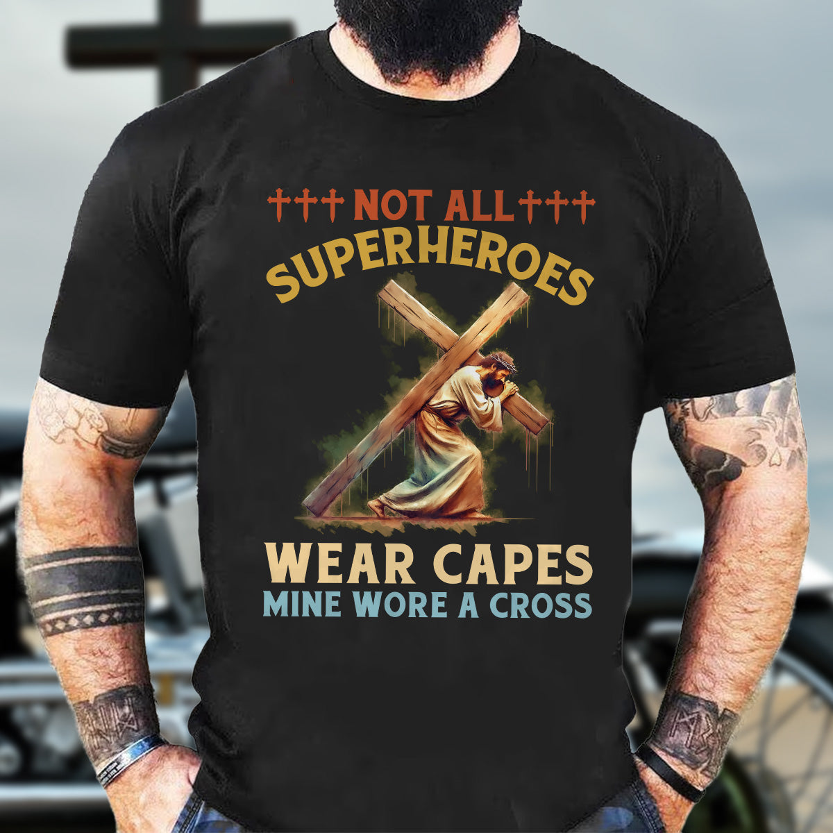 Teesdily | Jesus Cross Shirt, Not All Superheroes Wear Capes Mine Wore A Cross Tee Sweatshirt Hoodie Mug, Jesus Lovers Gifts, God Faith Believer Shirt