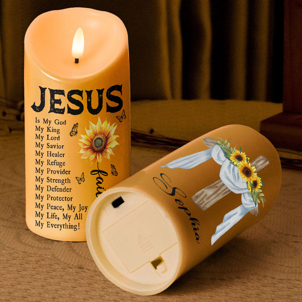 Teesdily | Personalized Jesus Is My God My King My Lord My Savior LED Candle, Jesus Christ Cross Sunflower Candle No Battery Gift