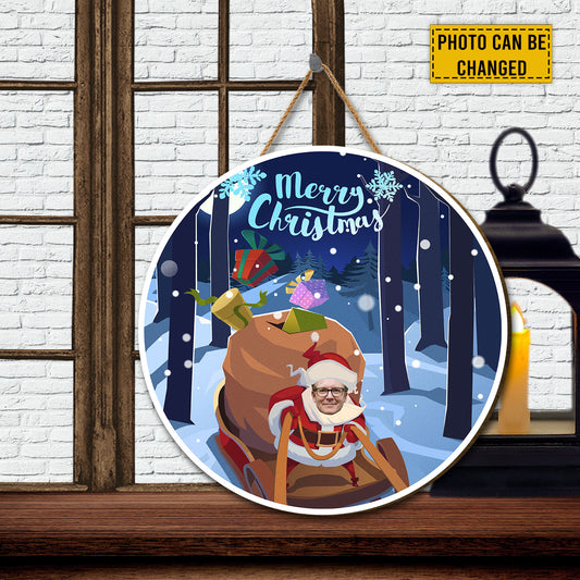 Teesdily | Customized Photo Santa Claus In A Sleigh With Presents In A Hurry For The Holiday Christmas Wood Sign Front Door Decor