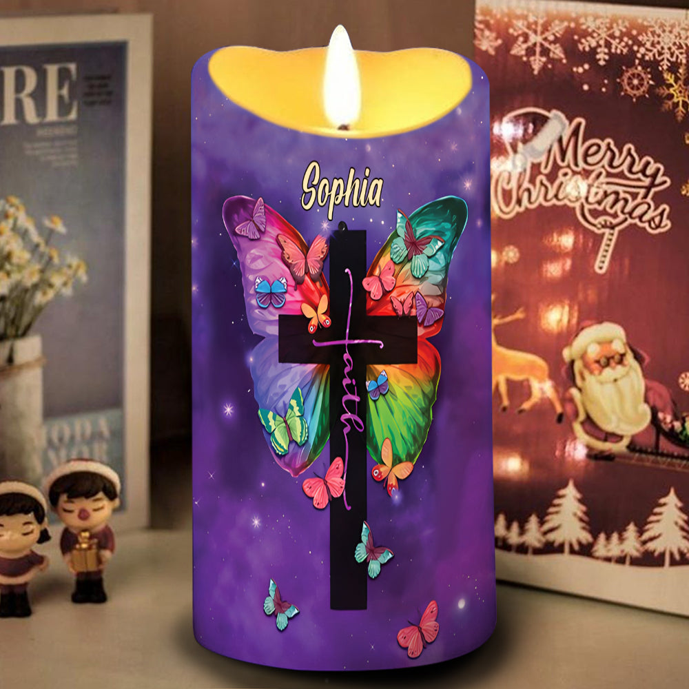 Teesdily | Customized Jesus Cross Butterfly LED Candle, I Can Do All Things Through Christ LED Candle, Religious Christmas Gift