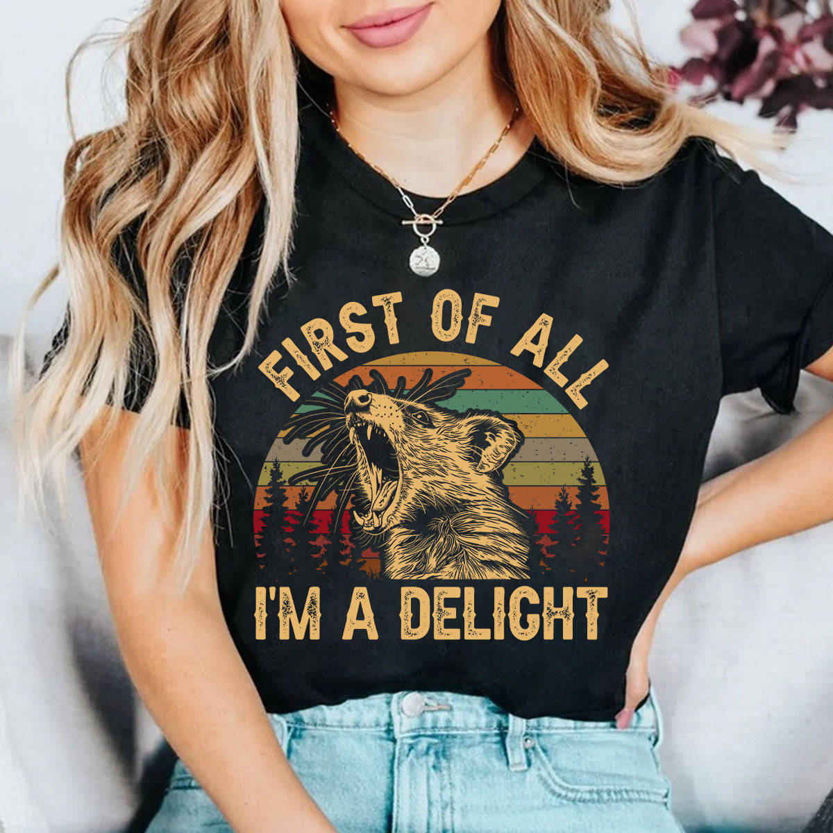 Teesdily | Opossum Screaming Shirt, Retro First Of All I'm A Delight Shirt, Sarcastic Angry Opossum Sweatshirt Hoodie Mug, Funny Animal Lover Gift