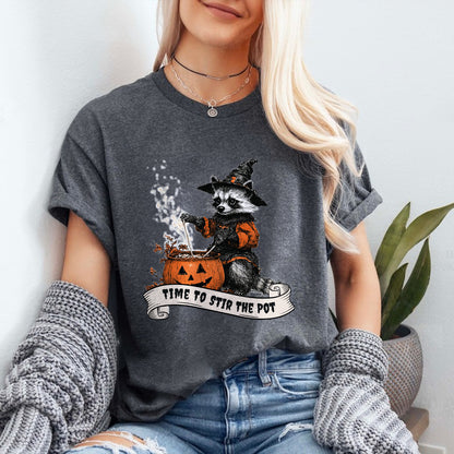 Teesdily | Retro Witch Raccoon Shirt, Time To Stir The Pot Sweatshirt, Raccoon Pumpkin Pot Hoodie Mug, Halloween Costume Family