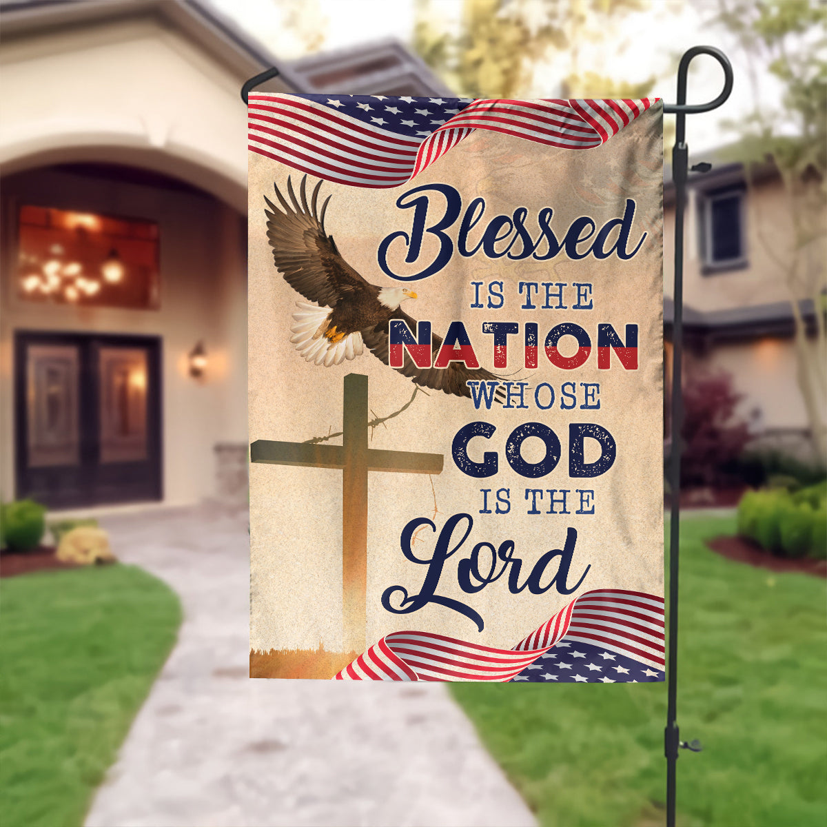 Teesdily | God Cross Eagle American Flag, Blessed Is The Nation House Flag, Independence Day Home Decor, Christian Garden Flag, God Lover Gifts