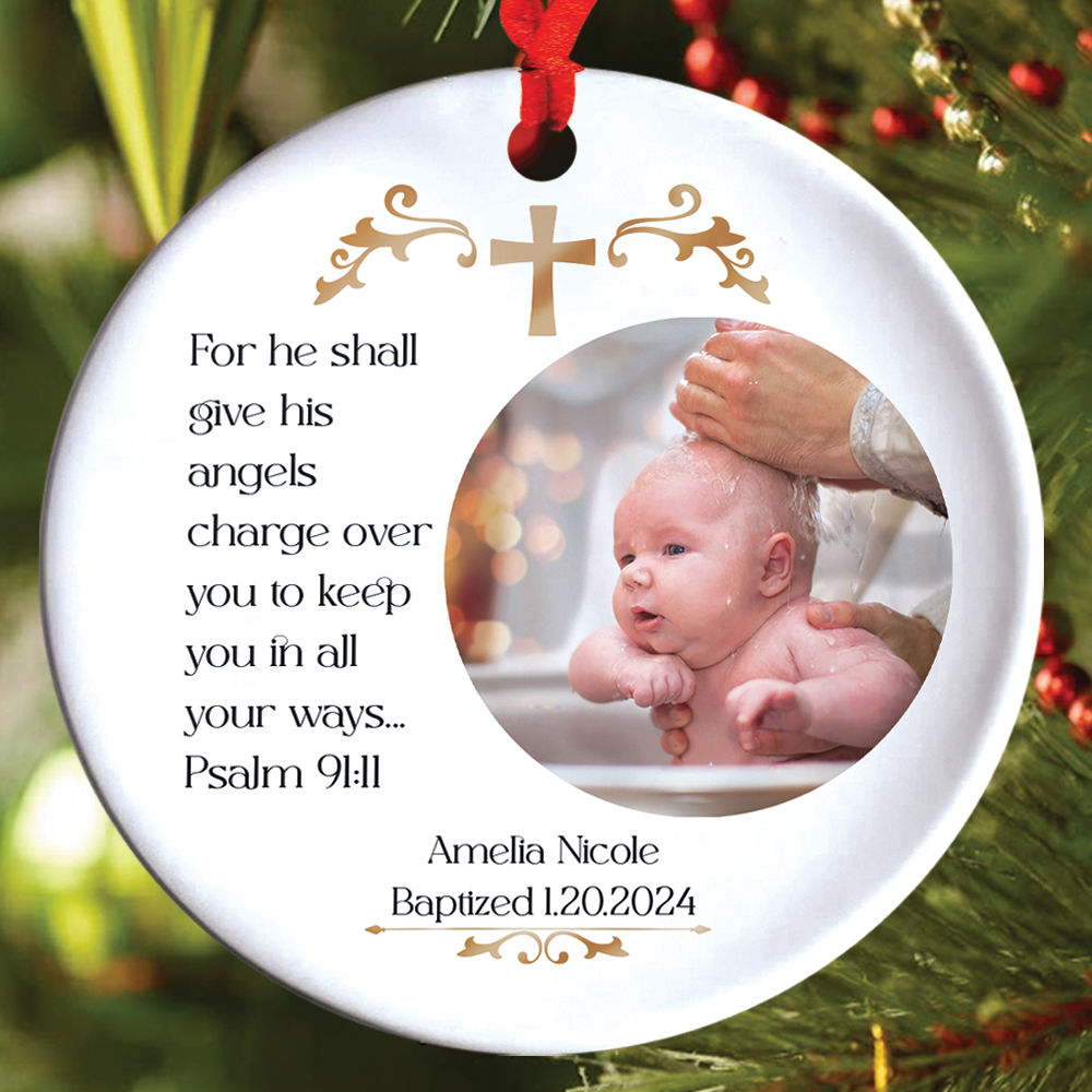 Teesdily | Customized Baptism Ceramic Ornament, For He Shall Give His Angels Charge Over You Christmas Ornament, Keepsake Gift