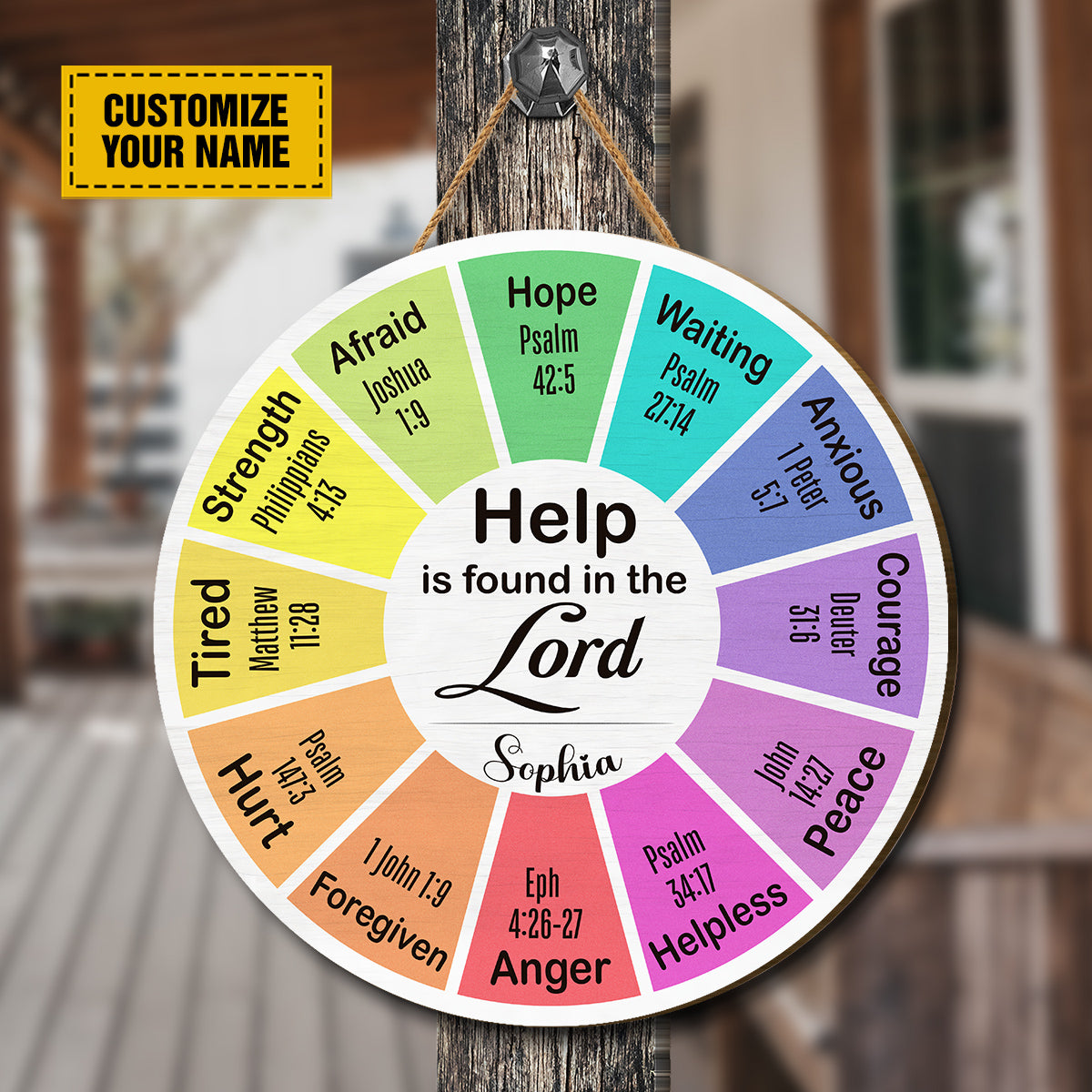 Teesdily | Personalized God Bible Verse Emotion Wheel Wood Sign Help Is Found In The Lord House Door Sign Decor Christian Custom Gift Ideas