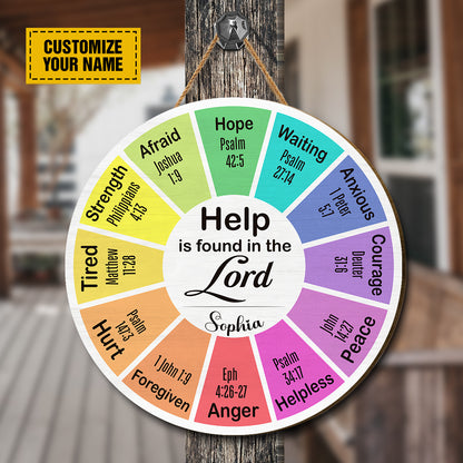 Teesdily | Personalized God Bible Verse Emotion Wheel Wood Sign Help Is Found In The Lord House Door Sign Decor Christian Custom Gift Ideas