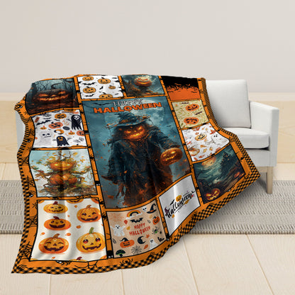 Teesdily | Halloween Pumpkin Blanket, Halloween Skeleton Pumpkin Throw Blanket, Happy Halloween Grim Reaper Sofa Blanket, Halloween Gift Family