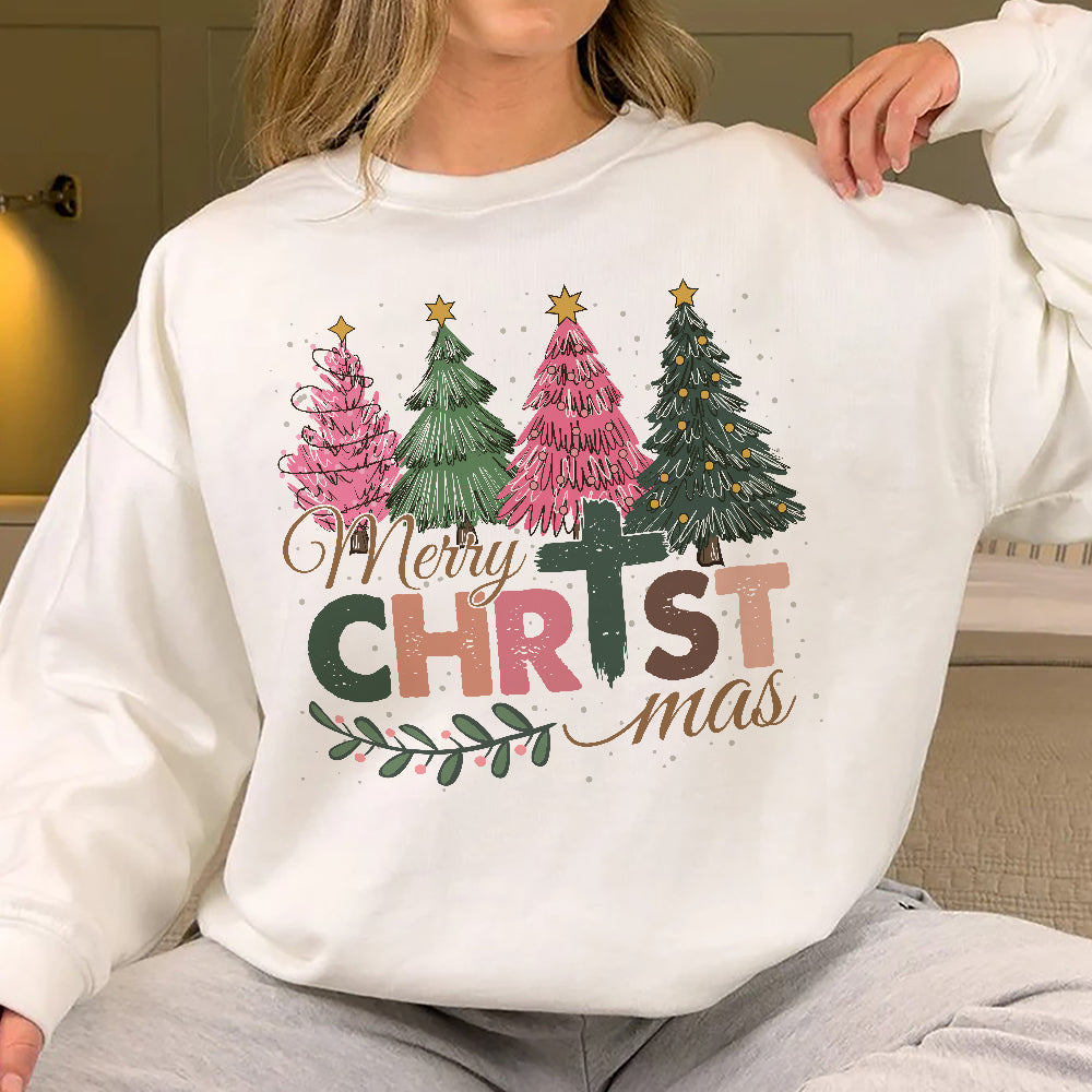 Teesdily | Merry Christmas Shirt, Jesus Christmas T-shirt, Christian Christmas Tree Sweatshirt, Holiday Christmas Hoodie Mug Gift