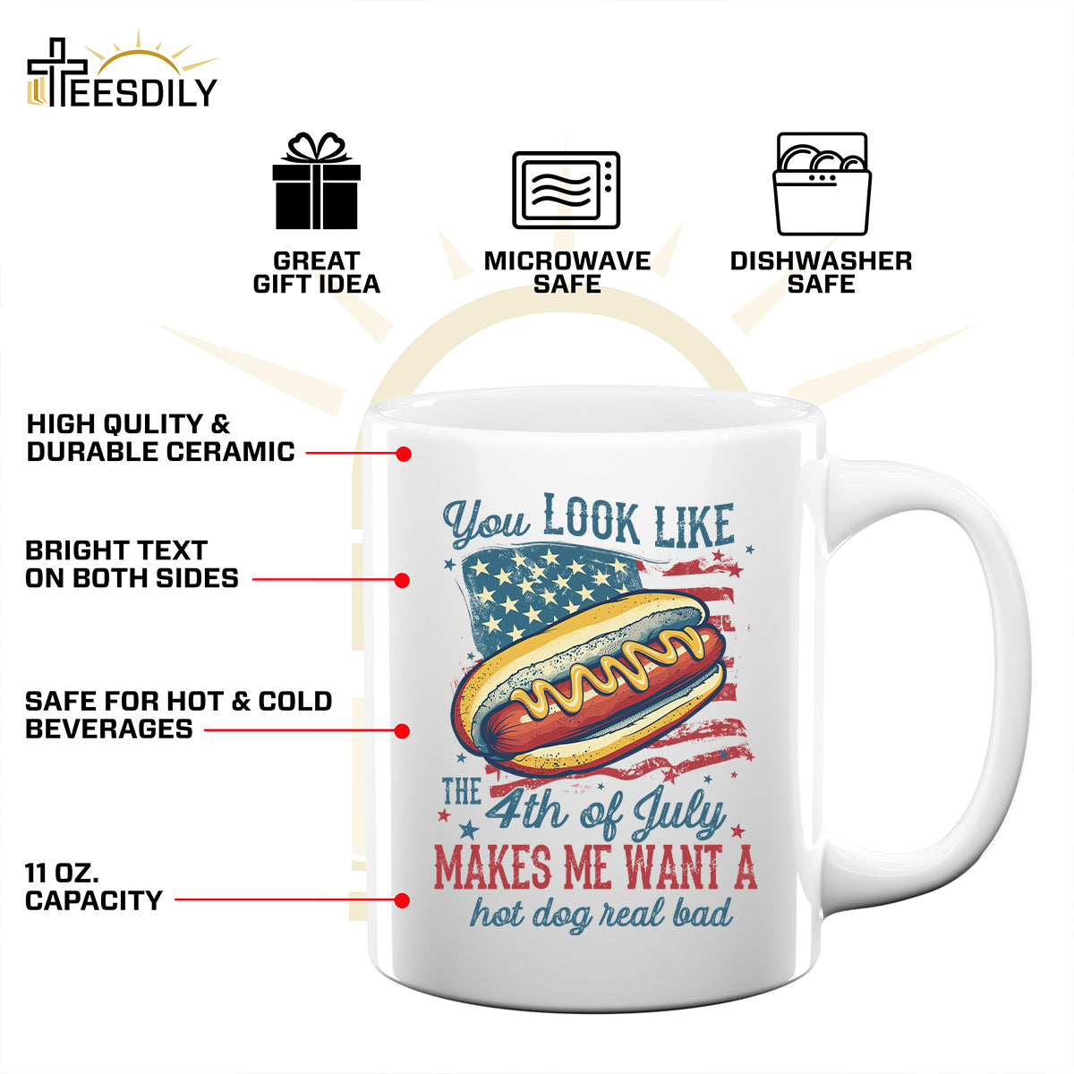 Teesdily | American Hotdog Retro Shirt, You Look Like The 4Th Of July Hoodie Sweatshirt, Independence Day Gifts Mug Tee