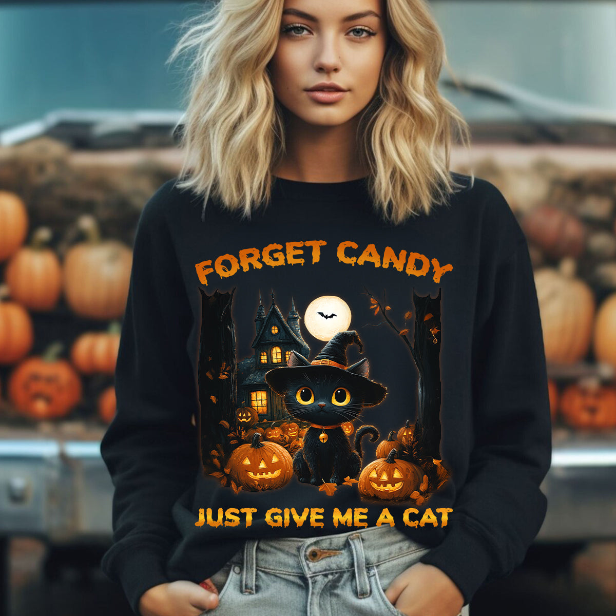 Teesdily | Halloween Cute Cat Shirt, Forget Candy Just Give Me A Cat Tee Sweatshirt Hoodie Mug, Halloween Cat Lovers Gifts, Cat Halloween Moon Shirt