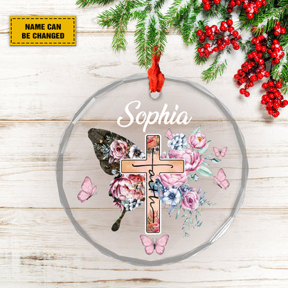 Teesdily | Customized Christian Butterfly Cross Faith Ornament, Jesus Floral Butterfly Ornament Christmas, Christ Cross Glass Ornament, Religious Gift