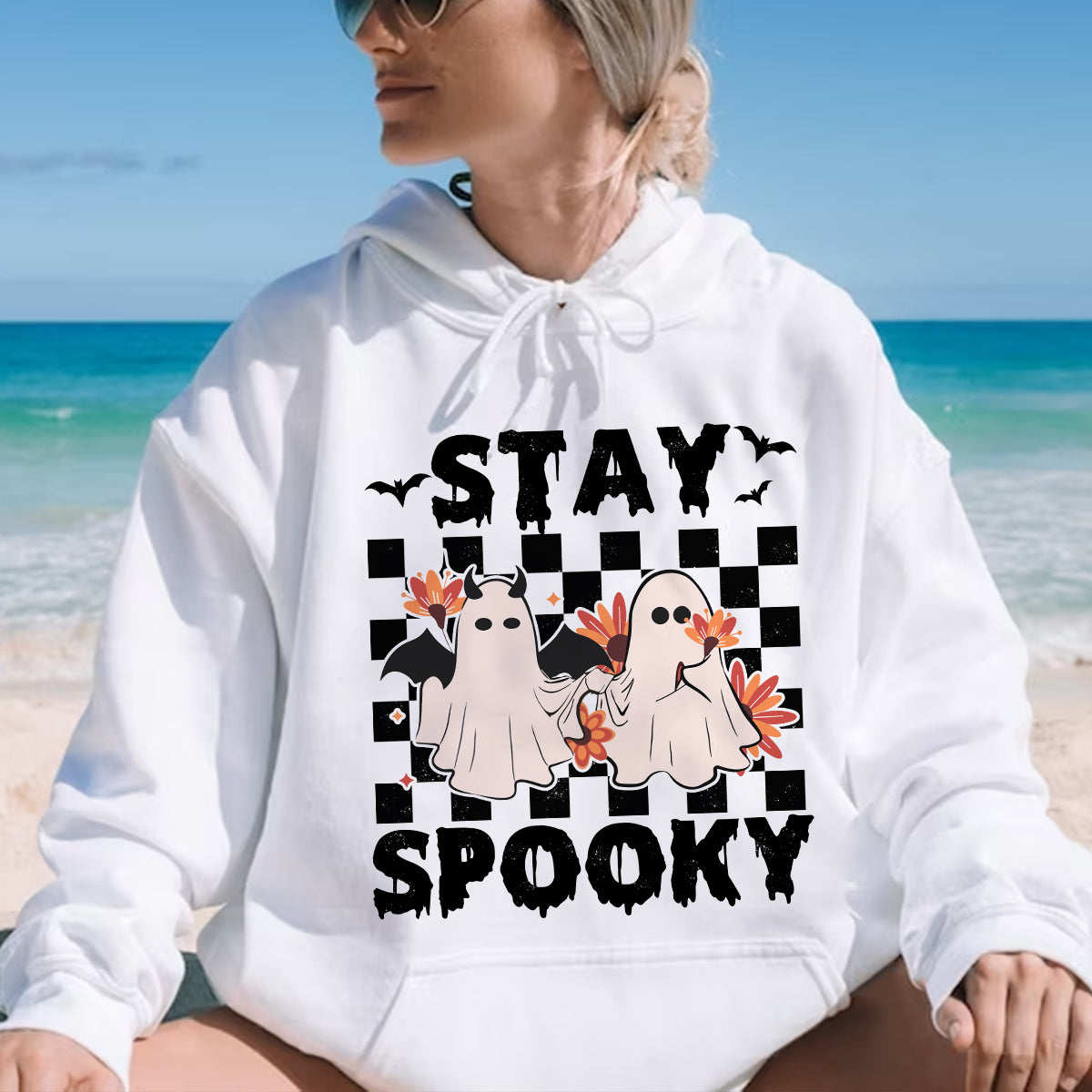 Teesdily | Cute Ghost Halloween Shirt, Stay Spooky Happy Halloween Tee Sweatshirt Hoodie Mug, Halloween Gifts, Spooky Retro Ghost Tee