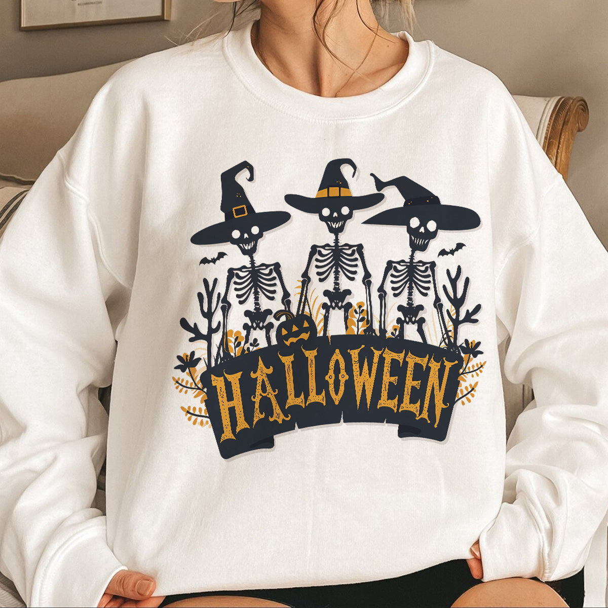 Teesdily | Skeleton Shirt, Happy Halloween Sweatshirt Hoodie Mug, Funny Skeleton Pumpkin T-shirt, Skull Bat Spooky Season Shirt, Halloween Gift