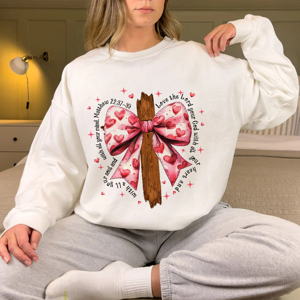 Teesdily | Jesus Cross Bow Shirt, Pink Bow Coquette Valentine Sweatshirt, Love The Lord Your God With All Your Heart Hoodie Mug