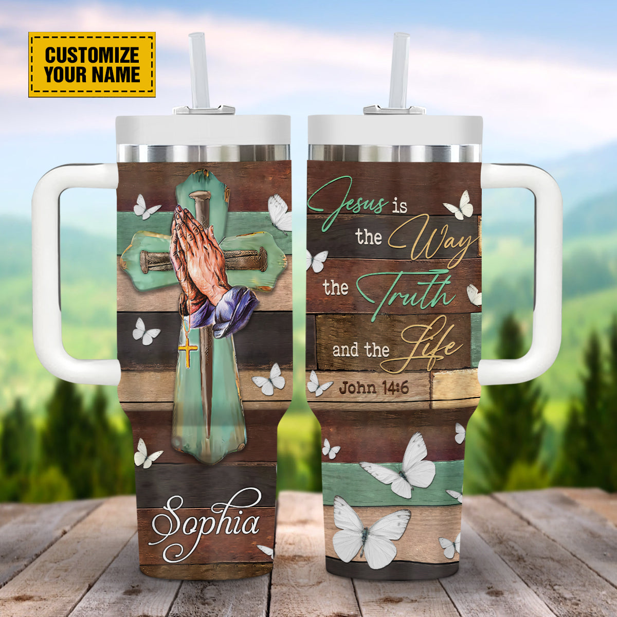 Teesdily | Customized Praying Hands Cross Cup, Jesus Is The Way The Truth And The Life John 14 6, Gift For Jesus Lovers, 40oz Tumbler