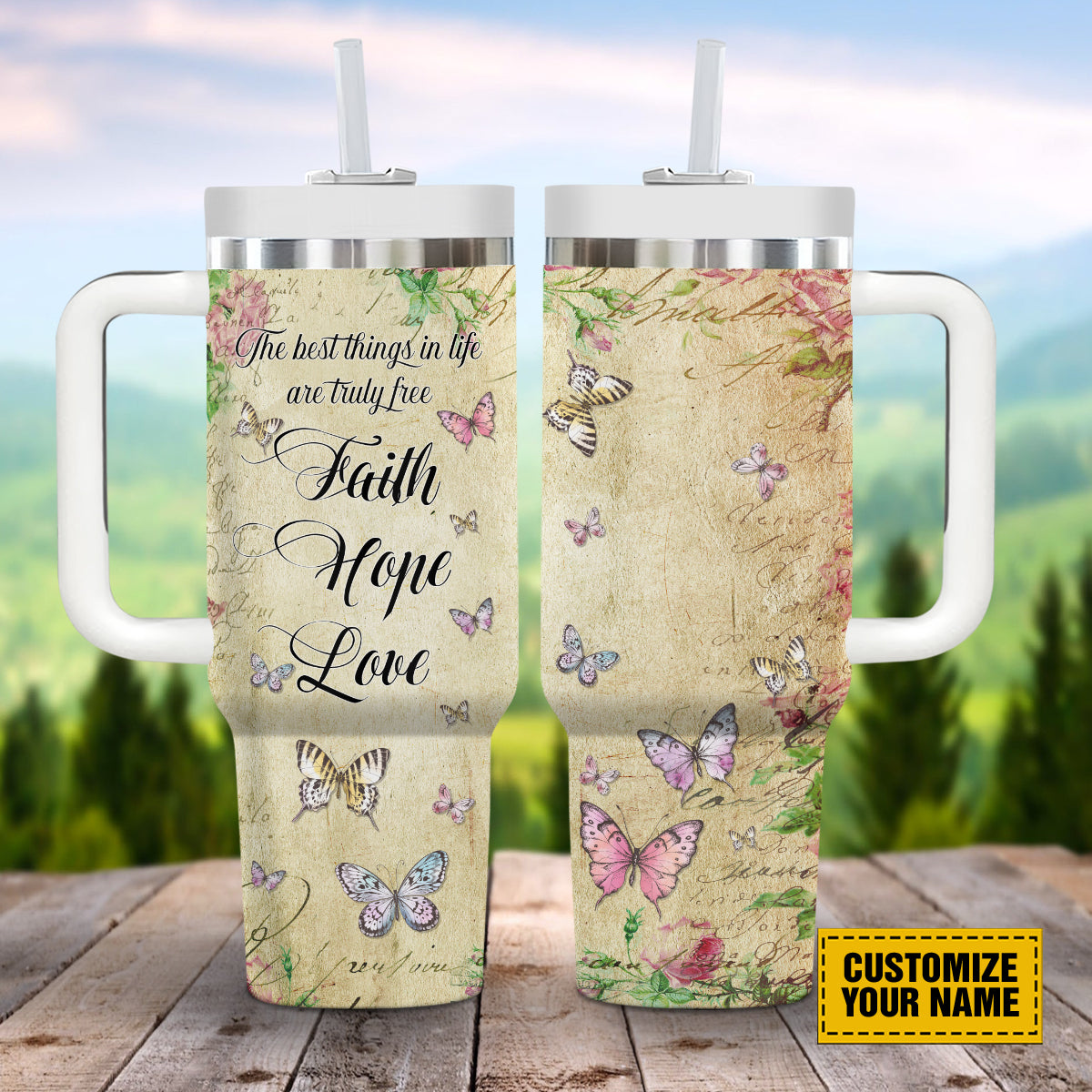 Teesdily | Personalized Butterfly Floral 40 oz Tumbler, Faith Hope Love Insulated Cup, Spiritual Gifts For Women, Christian Vintage Personalized Cups