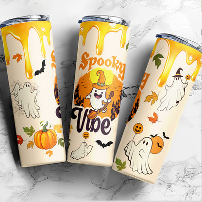 Teesdily | Halloween Spooky Vibes Ghost Skinny Tumbler, Ghost Pumpkin Bat Witch Tumbler 20oz, Cute Ghost Tumbler Cup, Happy Halloween Holiday Gifts