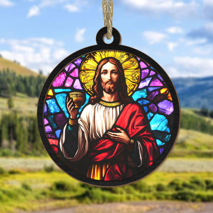 Teesdily | Jesus Holy Communion Scene Suncatcher, Jesus Christ Cup Stained Glass Suncatcher, Christmas Ornament Hanging, Xmas Decoration Gift