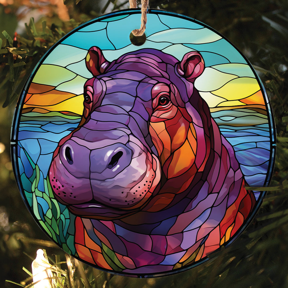 Teesdily | Stained Glass Art Hippo Ceramic Ornament, Hippopotamus Christmas Ornament, Xmas Gift Ornament, Cute Baby Hippo Gift