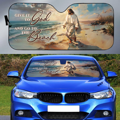 Teesdily | Jesus Beach Car Windshield Sun Shade, Give It To God And Go To The Beach Car Window Sunshade, Christian Religious Folding Sun Shade