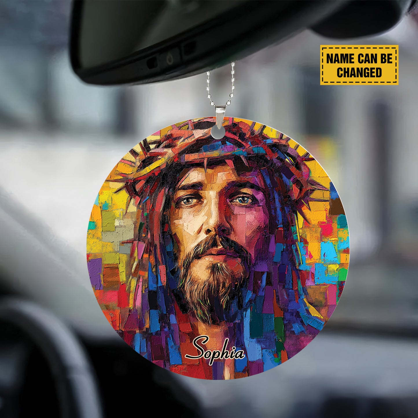 Teesdily | Custom Jesus Portrait Ornament, Christ Painting Hanger Car Rear View Mirror Ornament, Church Religious Acrylic Ornament, Jesus Lover Gift