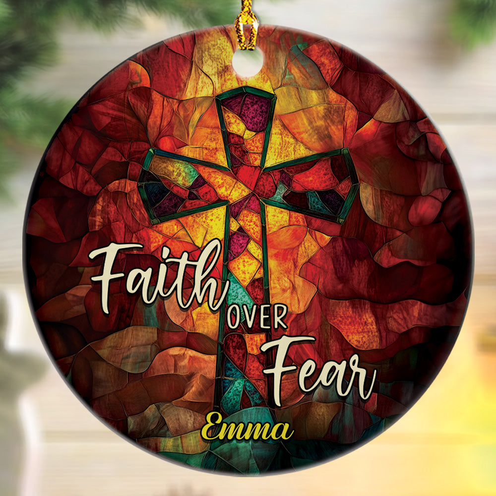 Teesdily | Customized Jesus Cross Stained Glass Print Ornament Christmas, Faith Over Fear Christian Art Ornament Religious Gift