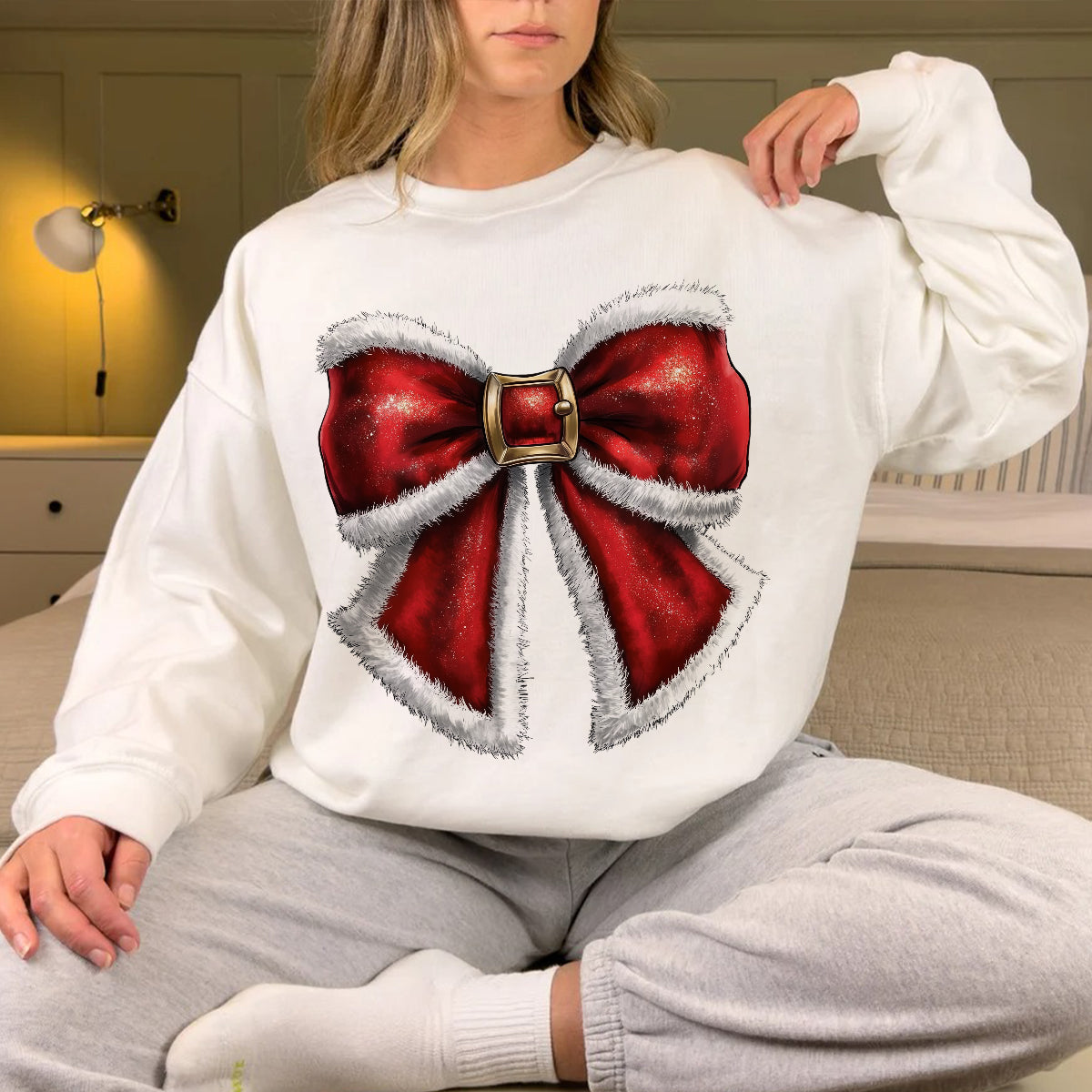 Teesdily | Santa Bow Shirt, Noel Santa Bow Sweatshirt, Coquette Christmas Tshirt, Merry Christmas Hoodie Mug, Christmas Coquette Bow Gift