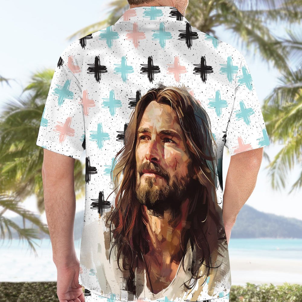 Teesdily | Jesus Portrait Print Hawaiian Shirt, Jesus Christ Cross Pattern Hawaii Set, God Cross Summer Aloha Shirt, Jesus Lover 3D Hawaiian Clothing