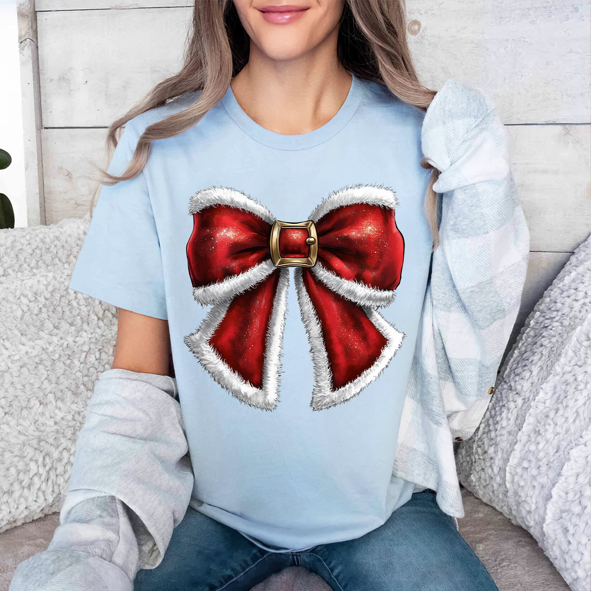 Teesdily | Santa Bow Shirt, Noel Santa Bow Sweatshirt, Coquette Christmas Tshirt, Merry Christmas Hoodie Mug, Christmas Coquette Bow Gift