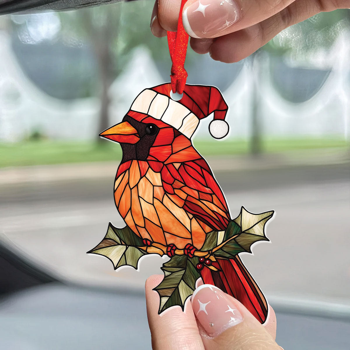 Teesdily | Cardinal Christmas Hat Stained Glass Printed Ornament Hanging, Cardinal Ornament Christmas Decoration, Christmas Gift