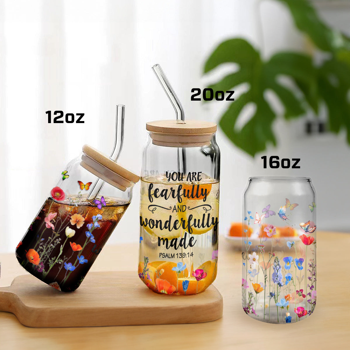 Teesdily | Wildflower Bible Verse Glass Can, You Are Fearfully And Wonderfully Made Frosted Can With Straw, Inspirational Gifts For Women