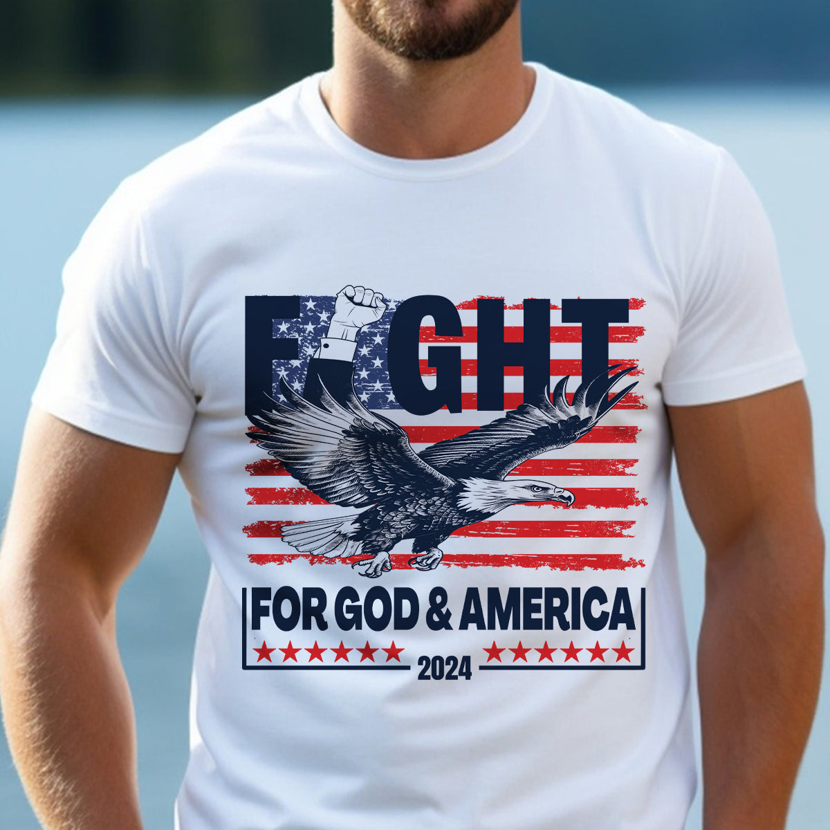 Teesdily | Eagle Fight 2024 American Flag Shirt, Fight For God And America Sweatshirt Hoodie Mug, Patriot T-shirt, American Pride Gifts