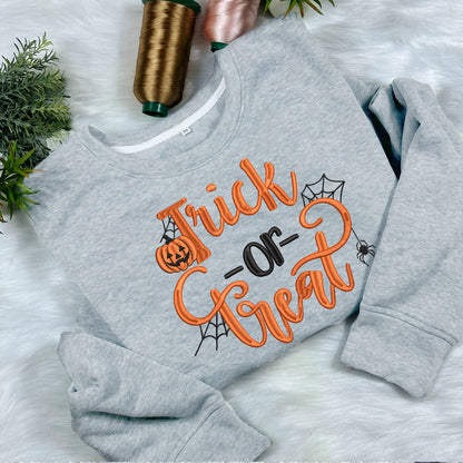 Teesdily | Pumpkin Trick Or Treat Embroidery Shirt, Halloween Pumpkin Embroidered Sweatshirt, Pumpkin Spiderweb Halloween Shirt, Holiday Outfit Gift