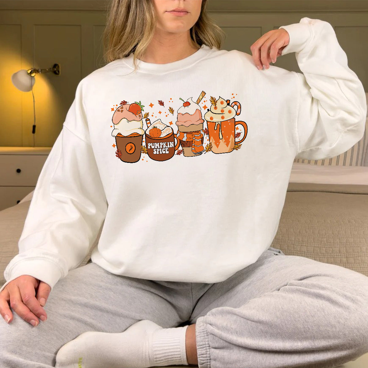 Teesdily | Halloween Pumpkin Spice Sweatshirt, Fall Thankful Coffee Cup Hoodie Mug, Halloween Pumpkin Latte Drink Tee Gift