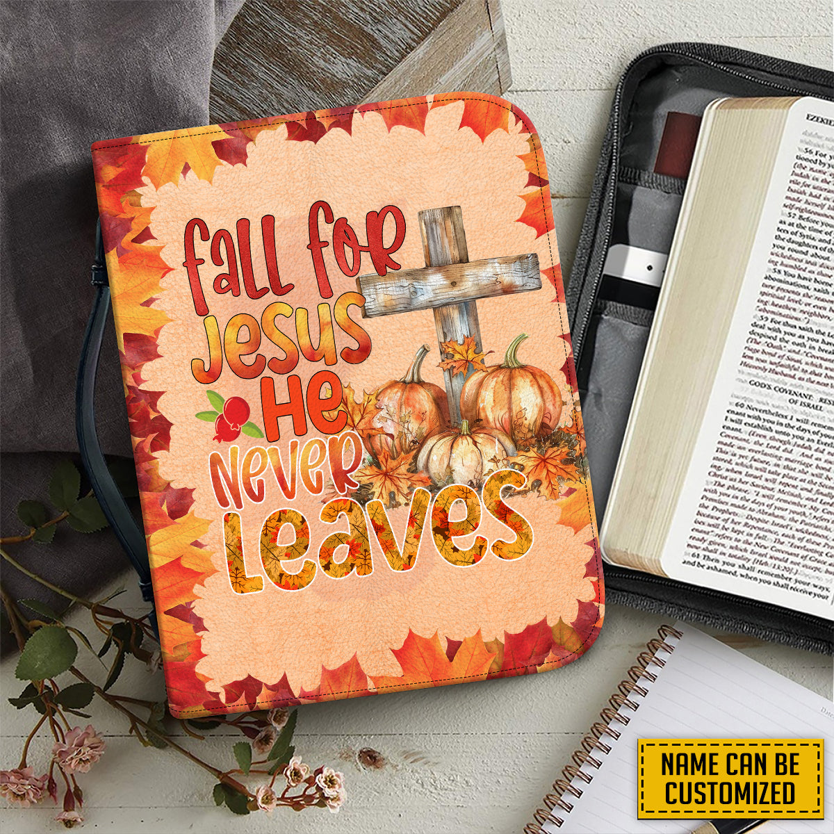 Teesdily | Customized Christian Cross Pumpkin Bible Cover, Fall For Jesus He Never Leaves Bible Bag, Pumpkin Autumn Maple Leaves, Jesus Lover Gift