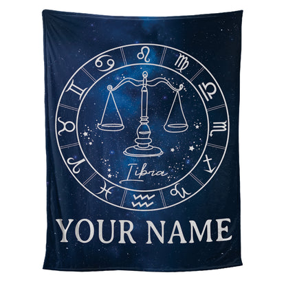 Teesdily | Libra Personalized Fleece Blanket With Name Horoscope Design Sherpa Blanket Zodiac Sign Constellation Astrology Adult Kid Birthday Gifts