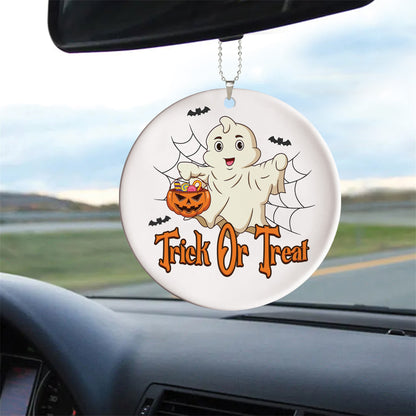 Teesdily | Cute Ghost Halloween Car Ornament, Trick Or Treat Ceramic Car Hanging Ornament, Halloween Ornament Decor, Happy Halloween Gift