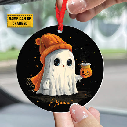 Teesdily | Personalized Halloween Cute Ghost Pumpkin Ornament, Happy Halloween Plastic Car Hanging Ornament, Halloween Decor Gifts