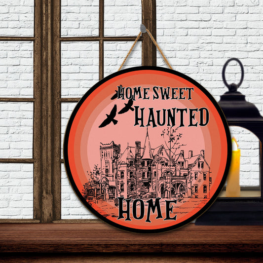 Teesdily | Residential Buildings Home Sweet Haunted Home Halloween Wood Sign Home Decoration Happy Halloween's Day Family Door Sign