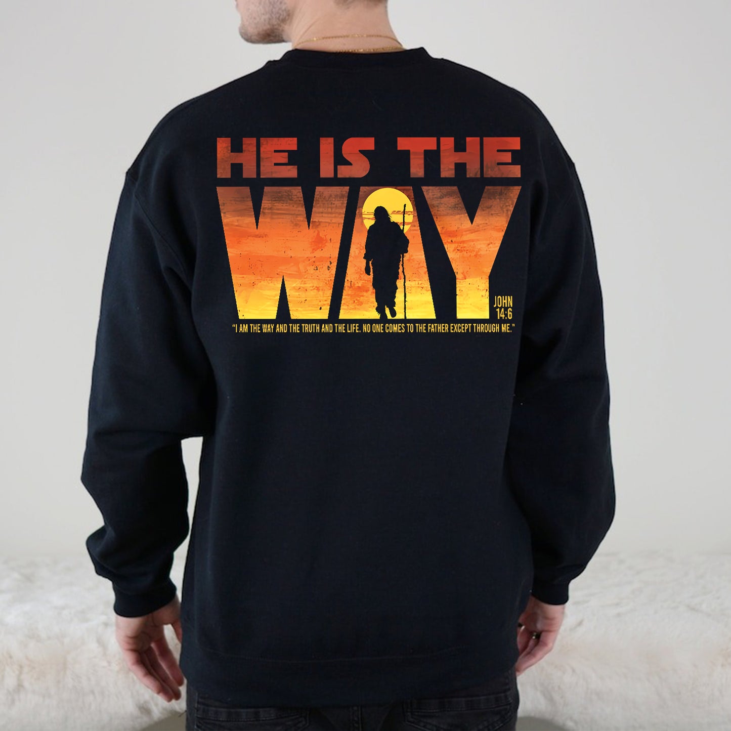 Teesdily | Jesus Walking Sunset Shirt, He Is The Way The Truth The Life Unisex Hoodie Sweatshirt Mug, Christian Shirt Backside, Religious Gift Ideas