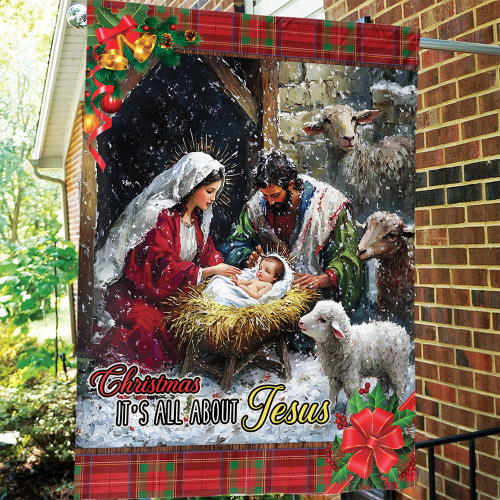 Teesdily | Christmas Jesus Garden Flag, Christmas It's All About Jesus Christian House Flag, Christmas Flag