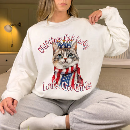 Teesdily | Childless Cat Lady Shirts, Queen Cat American Flag Sweatshirt, Comma La Hoodie, Ka-meow-la T-shirt, Let's Go Girls Cat Mom