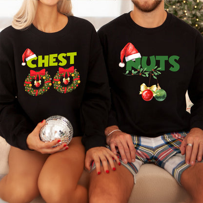 Teesdily | Chest Nuts Matching Christmas Shirt, Funny Couple Shirts, Christmas Couple Sweatshirt, Holiday Matching Family Gift