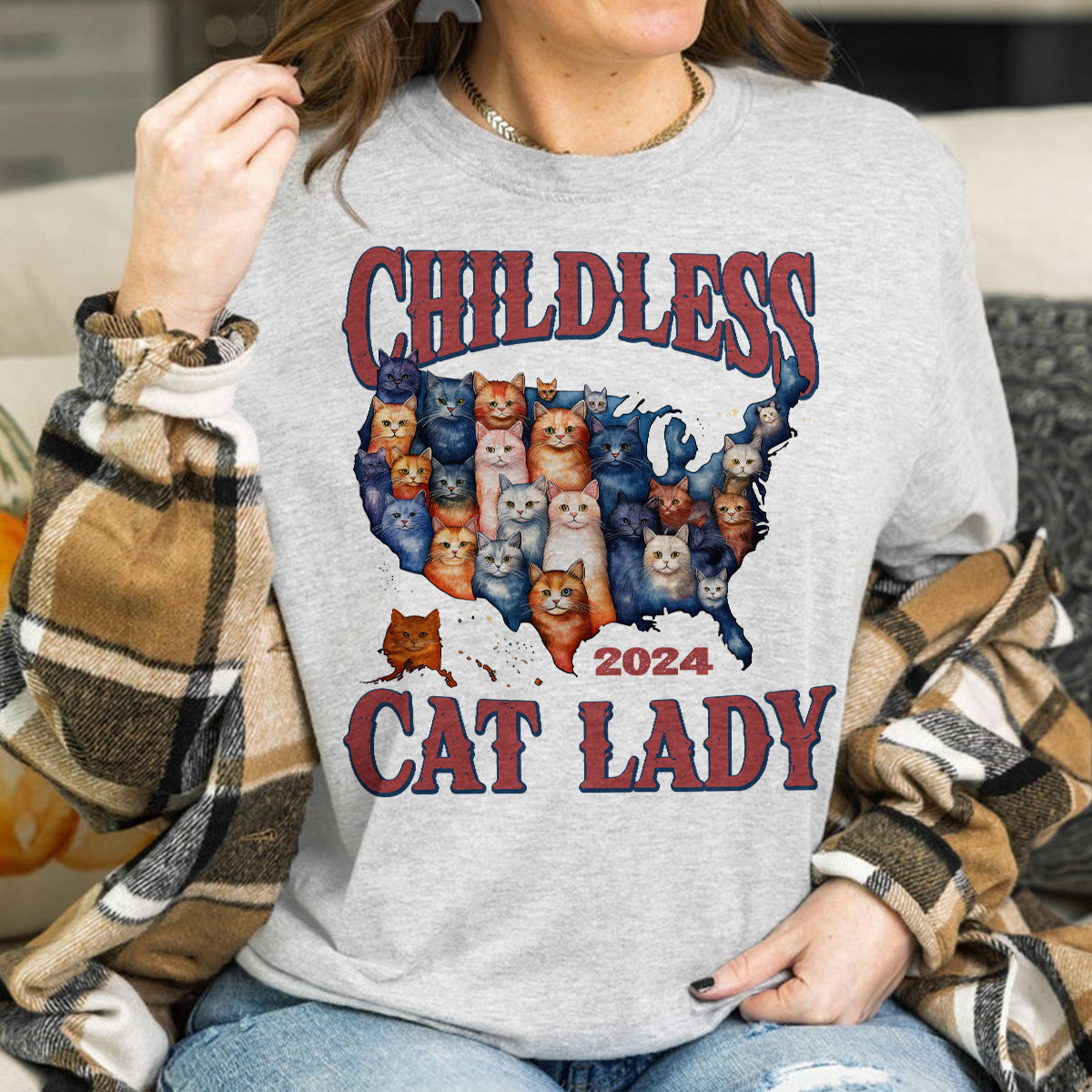 Teesdily | Childless Cat Lady 2024 Shirt, American Map Cats T-shirt, Funny Childless Cat Lady For Ka-mala Sweatshirt Hoodie Mug, Cat Lovers Gift