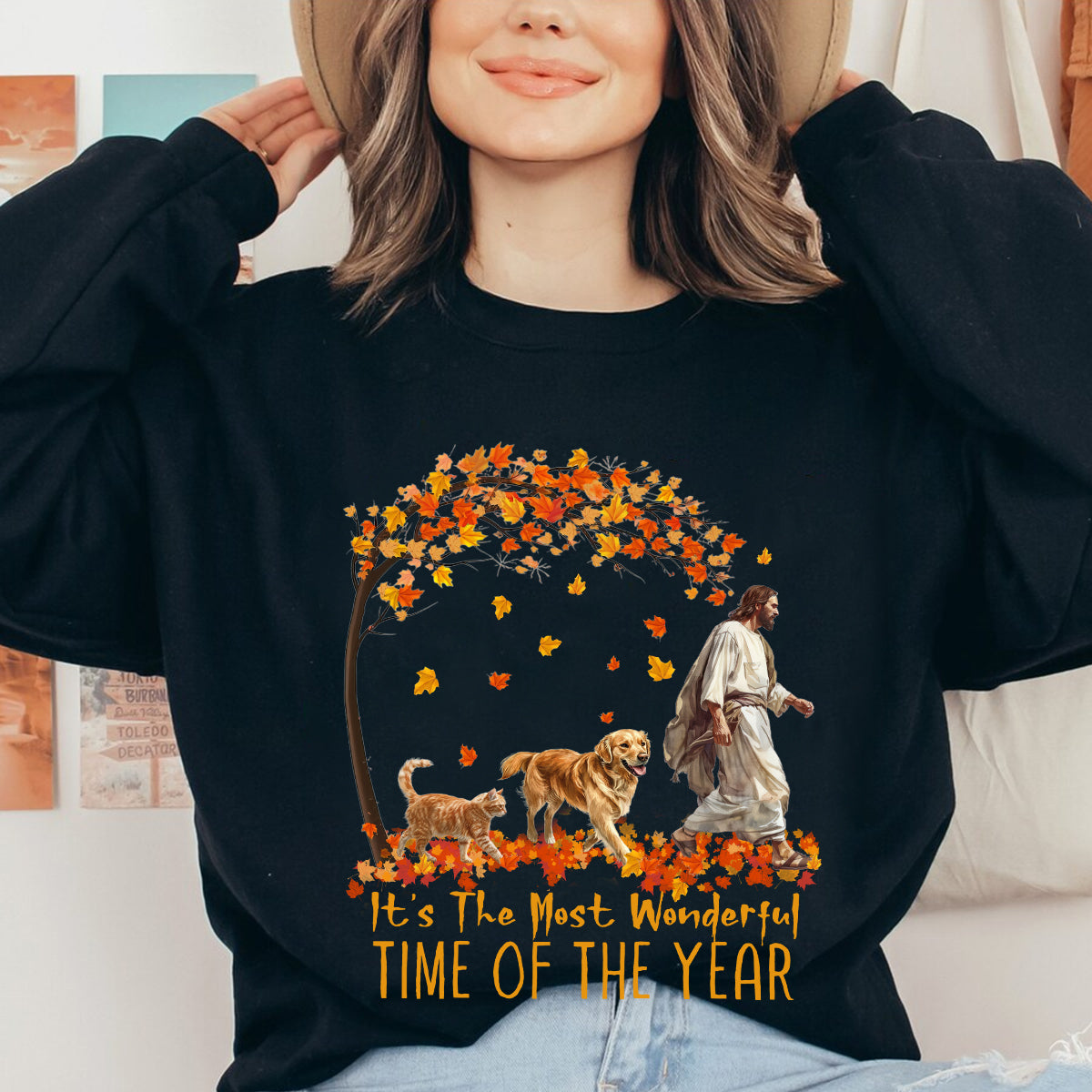 Teesdily | Jesus Golden Retriever Cat Shirt, It's The Most Wonderful Time Of The Year Sweatshirt Hoodie Mug, Halloween Shirt, Dog Cat Lover Gift