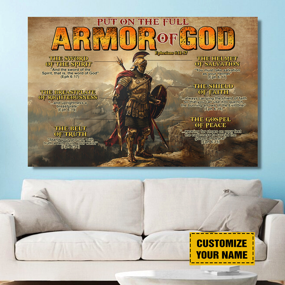 Teesdily | Customized Christian Warrior Poster Art, Put On The Full Armor Of God Canvas, Ephesians 613 Bible Verse Print Art, Jesus Lover Gifts