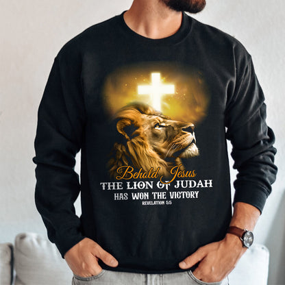 Teesdily | The Lion Of Judah Jesus Shirt, Behold Jesus The Lion Of Judah Has Won Victory, Lion Of Judah Hoodie Sweatshirt, Behold Mug