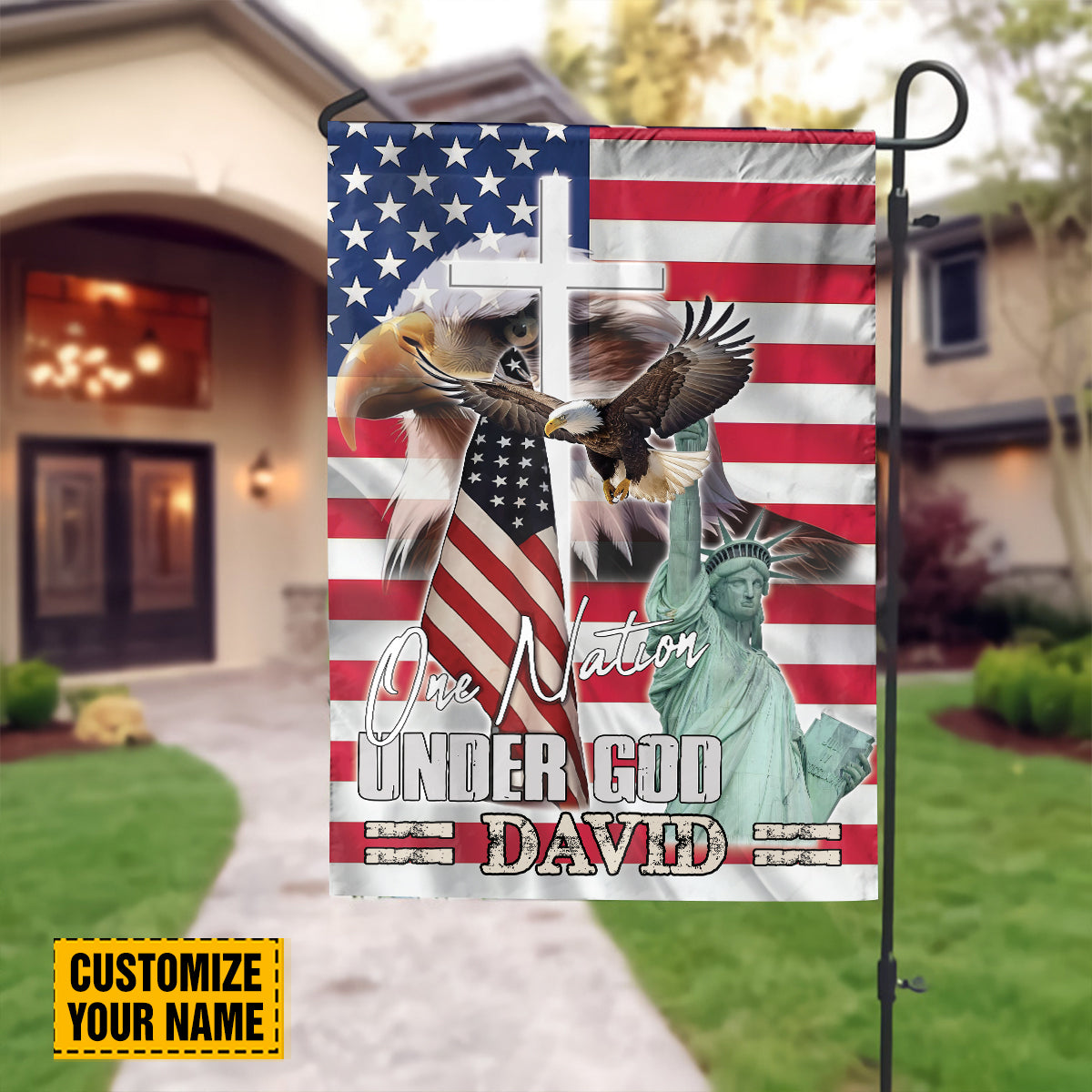 Teesdily | Customized American Eagle Garden Flag, Statue Of Liberty Jesus Cross House Flag, One Nation Under God Outdoor Flag, Independence Day Gifts